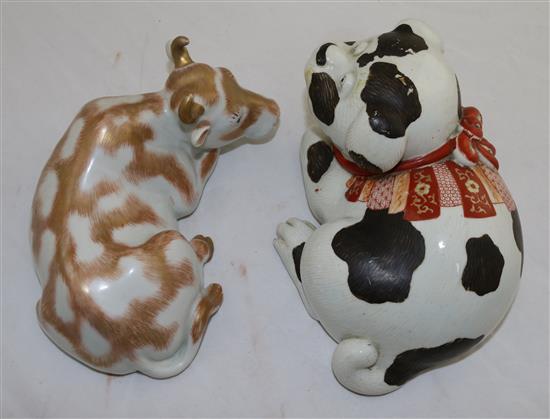 A Japanese Kutani model of a puppy and a similar model of a cow, late 19th century, 20.5 and 21.5cm, cow restored